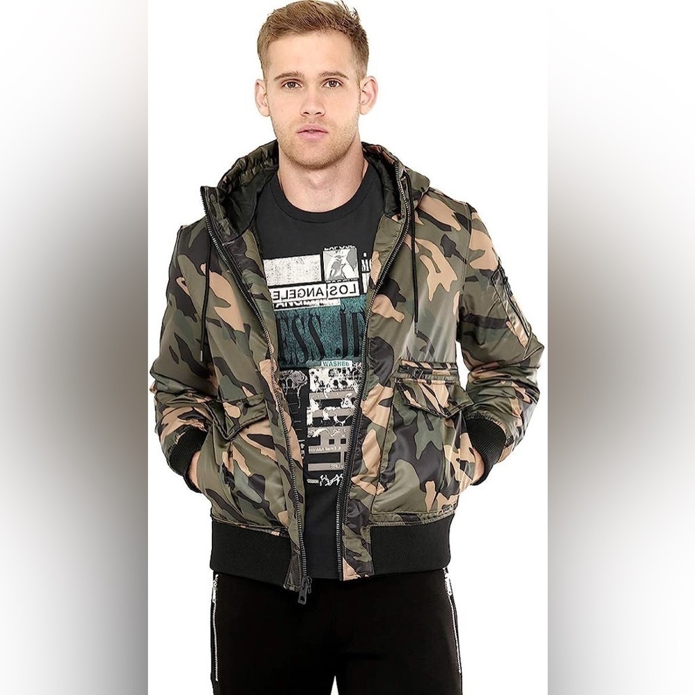 🆕 GUESS Men's Long Sleeve Alpine Camo Hood Bomber Jacket size XL - Picture 3 of 12